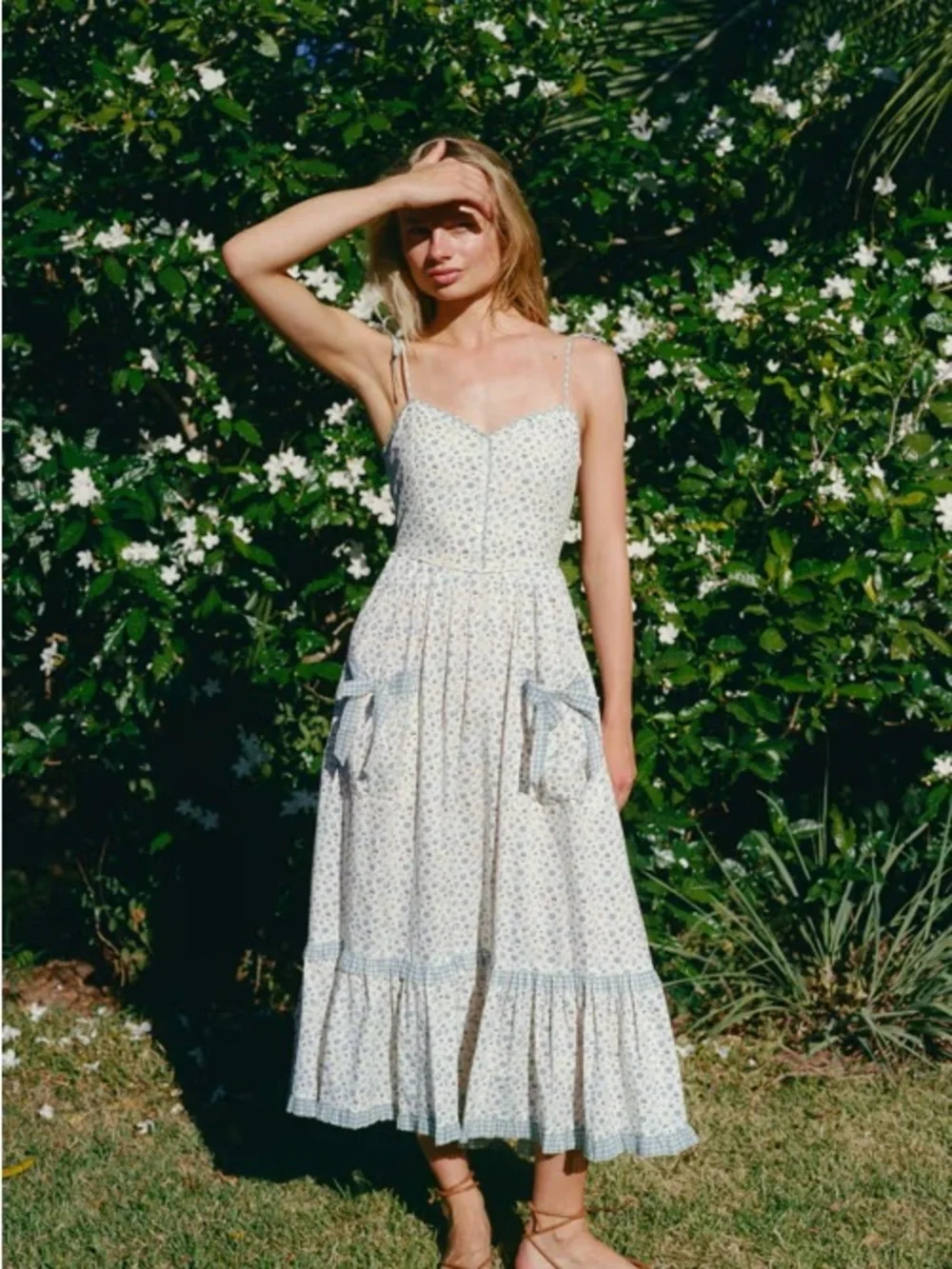 Christy Dawn Lia Large Blue Floral Tie-Strap Midi Dress Bow CD